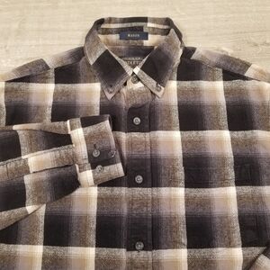 Pendleton Mason Flannel Shirt Mens MEDIUM Black Gray White Plaid Button Down